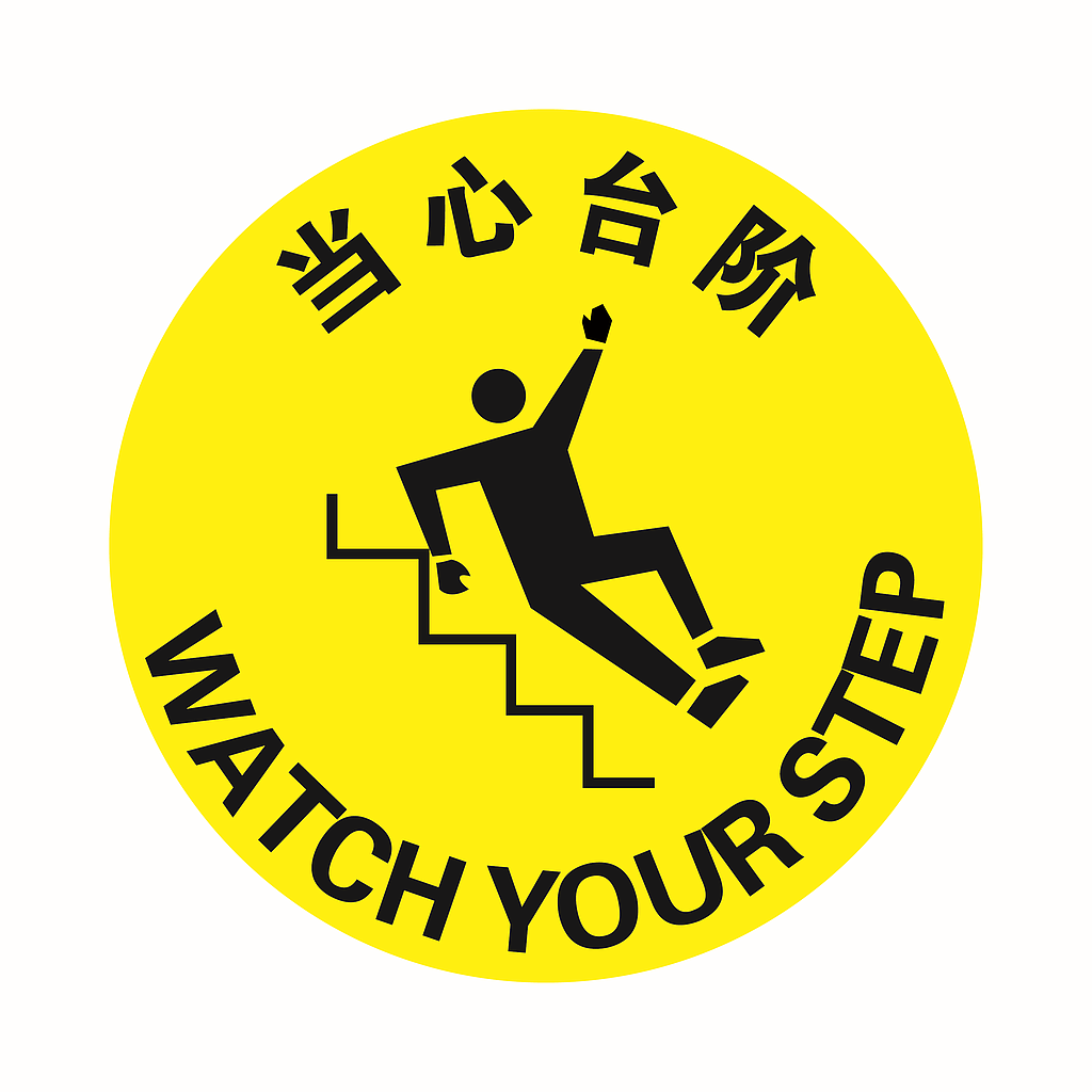 Raxwell 经济型地贴警示标识-当心台阶，直径400mm，地贴材质