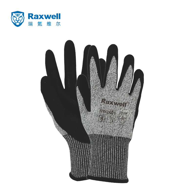 Raxwell HPPE 5级&Cut LevelD防切割手套, 8"/M,丁腈磨砂，13针，RW2401，1副/袋