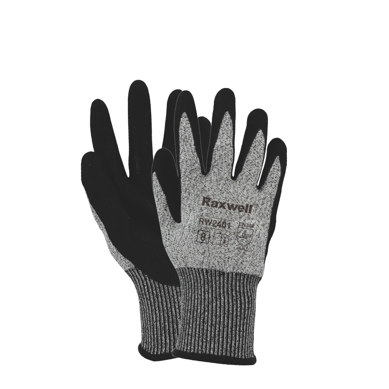 Raxwell HPPE 5级&Cut LevelD防切割手套, 9"/L,丁腈磨砂，13针，RW2402，1副/袋