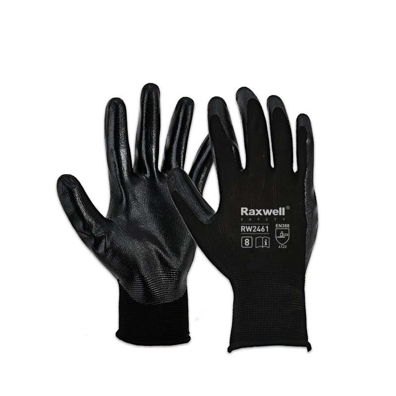 Raxwell 涤纶针织丁腈工作手套，掌浸，黑色，M码，RW2461，12副/袋
