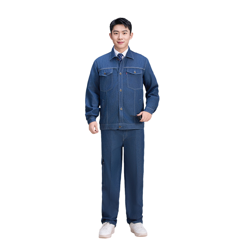 Raxwell 夏季涤棉牛仔套装，长袖，80%棉，胸口后背带反光牙条，XL码