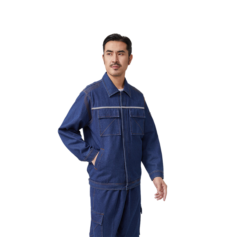 Raxwell 夏季纯棉防静电牛仔套装，长袖，胸口后背带反光条，4XL码